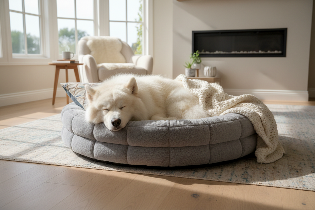 Perro grande durmiendo en una cama premium