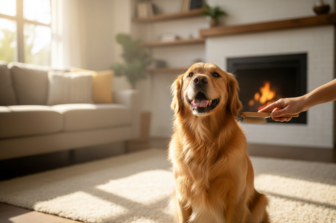 Golden Retriever siendo cepillado con un cepillo de grooming