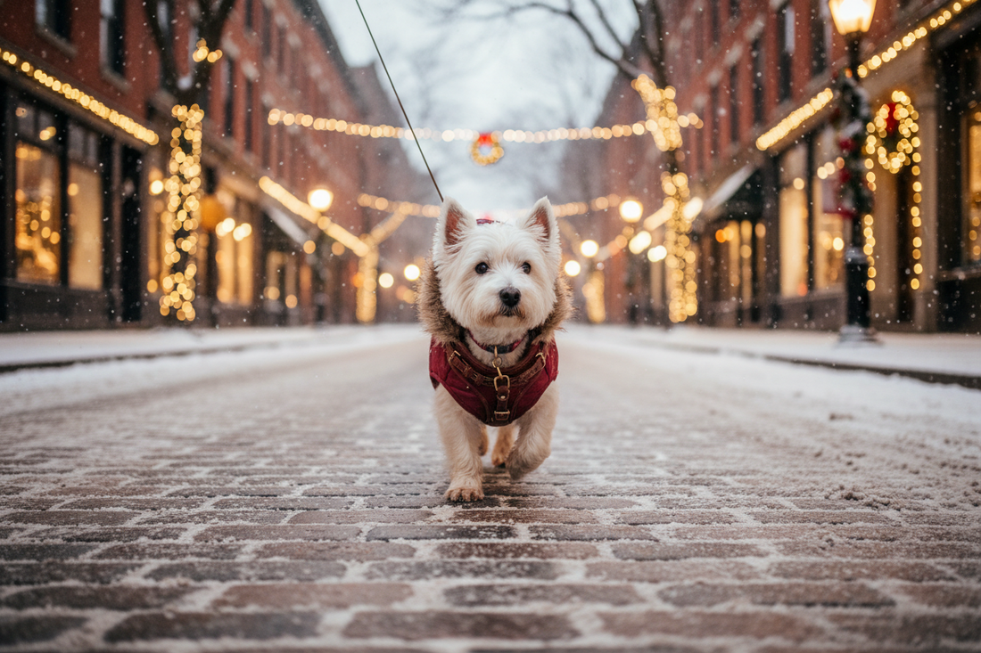 Kleiner Hund mit Mantel und Geschirr beim Winterspaziergang