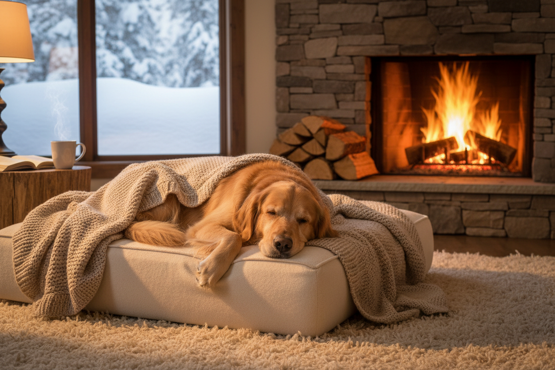 Hund ruht auf einem warmen Bett mit Decke am Kamin im Winter