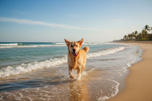Perro feliz jugando en la orilla de la playa en verano