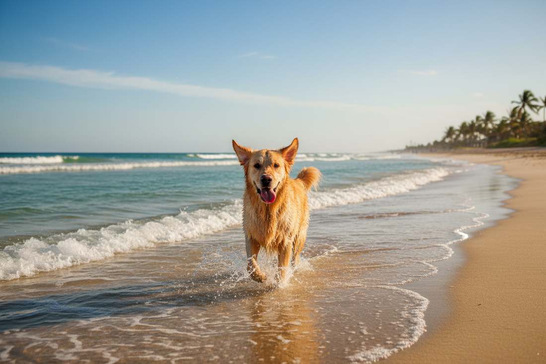 Happy dog running on the beach shore in summer